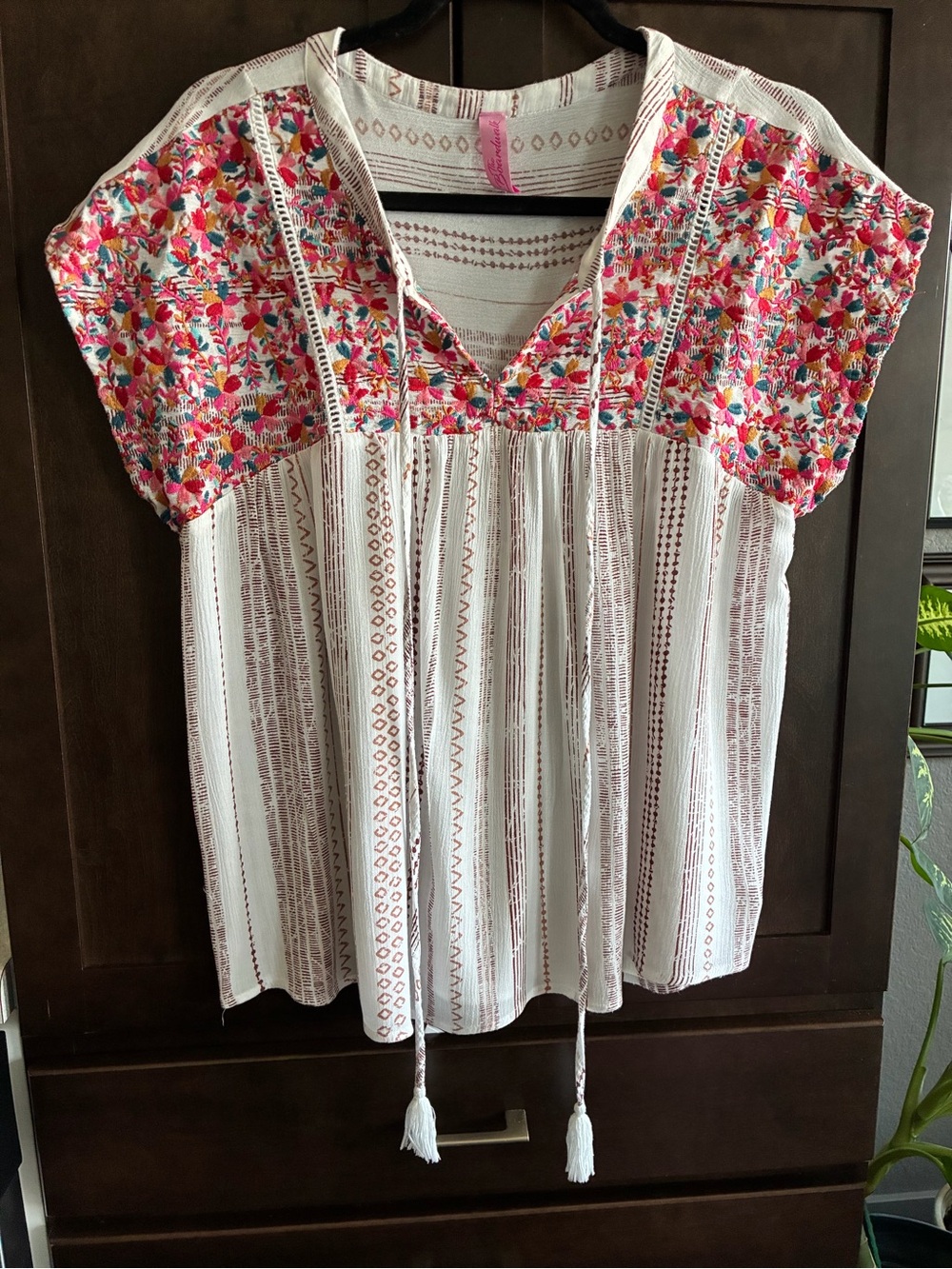 White Peasant Blouse with Pink Floral Yoke